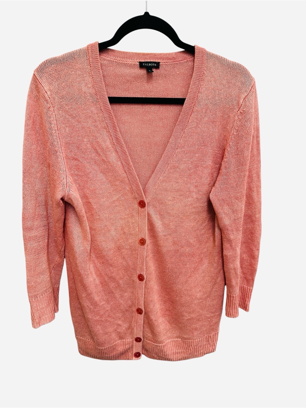 Talbots pink 100% linen button front cardigan sweater Size L fall layering cozy